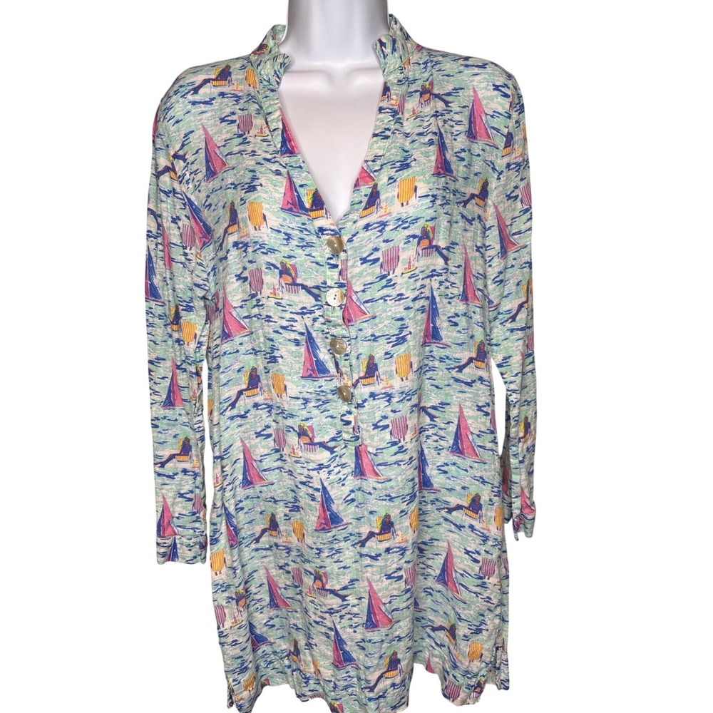 Michael's Womens Blue Linen Sailboat Print‎ Nautical Tunic Sz S Resortwear Artsy